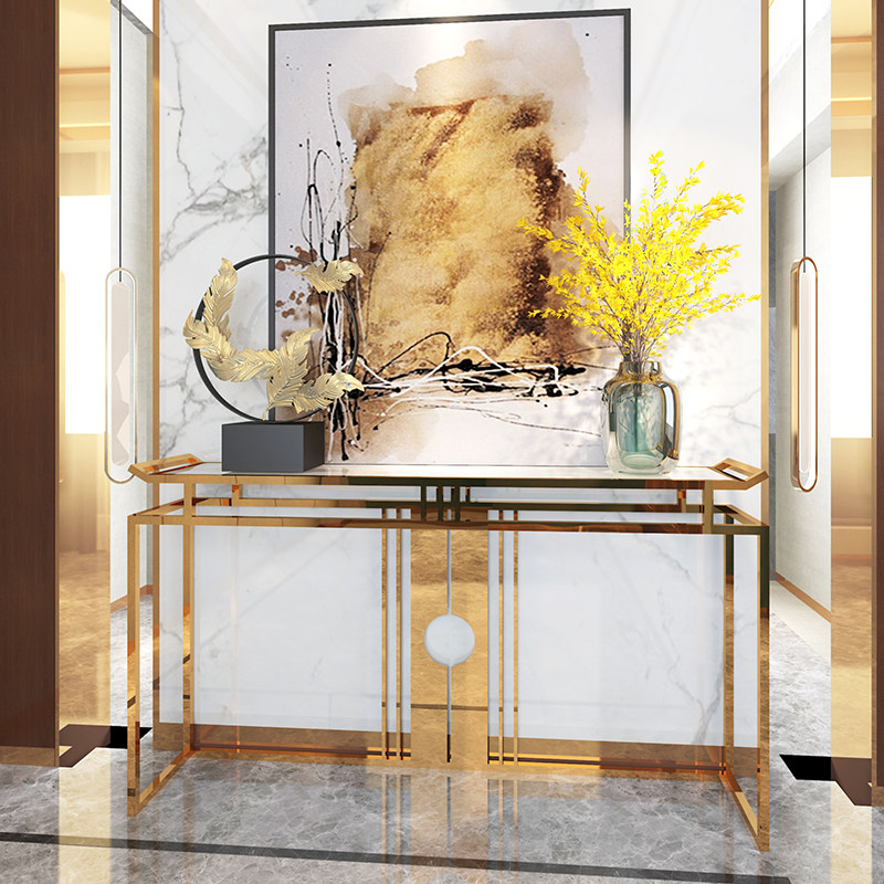 玄关新中式中式轻奢不锈钢大理石会所酒店端景台过道玄关台