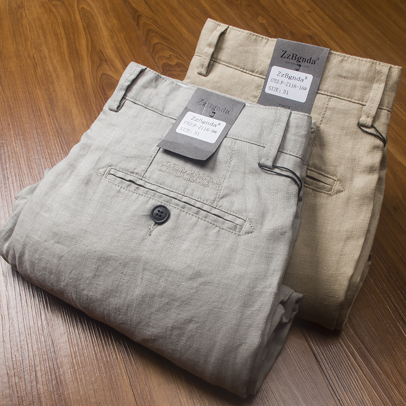 纯亚麻男裤夏季薄款宽松休闲日系外贸弹力商务直筒男帅气冰丝超薄