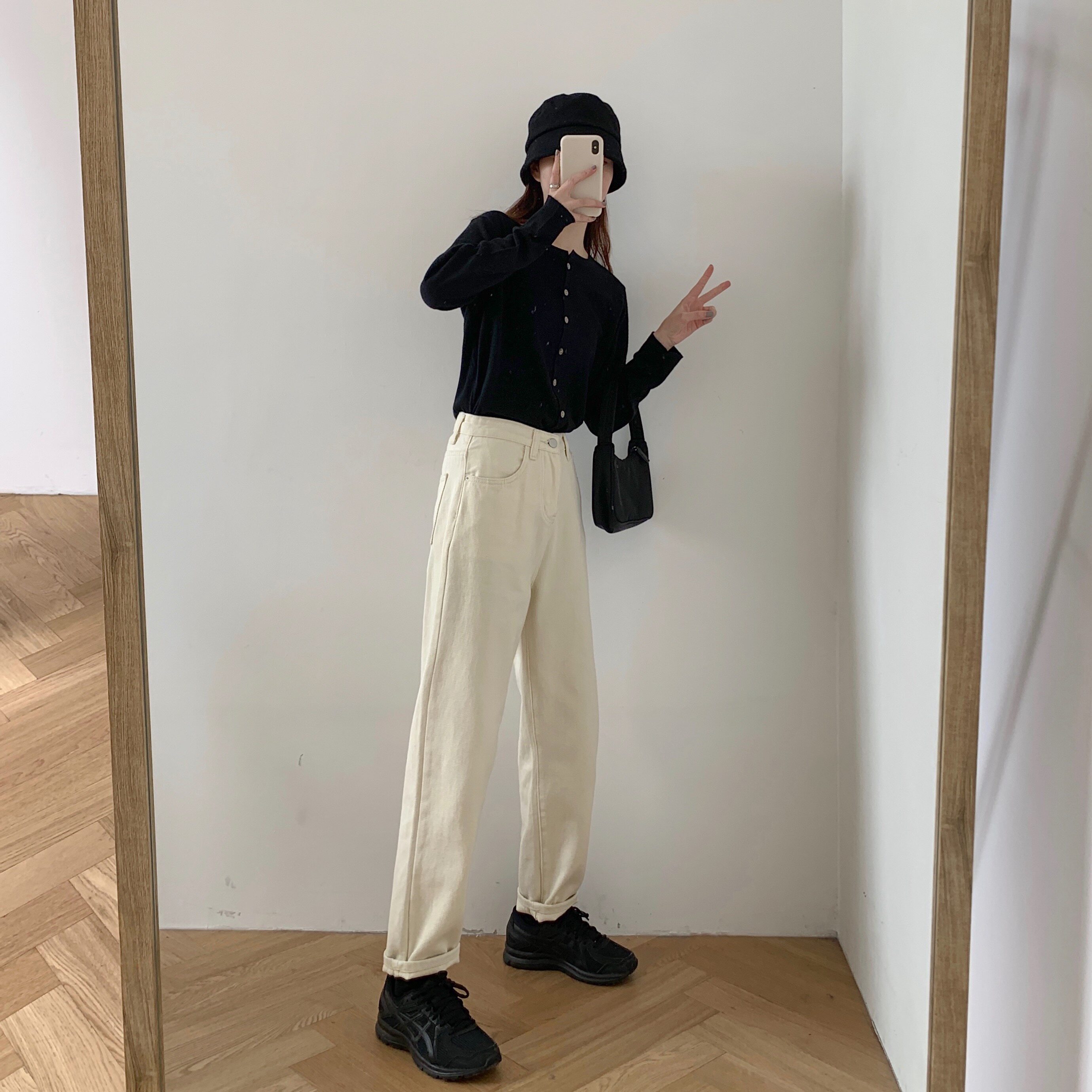 忠犬小八梨形自制-白色裤子-2020初春新款百搭宽松直筒白色裤子女