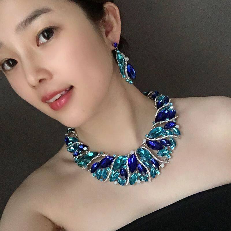 夸张装饰项链饰品欧美奢华时尚蓝色水晶锁骨晚礼服项链