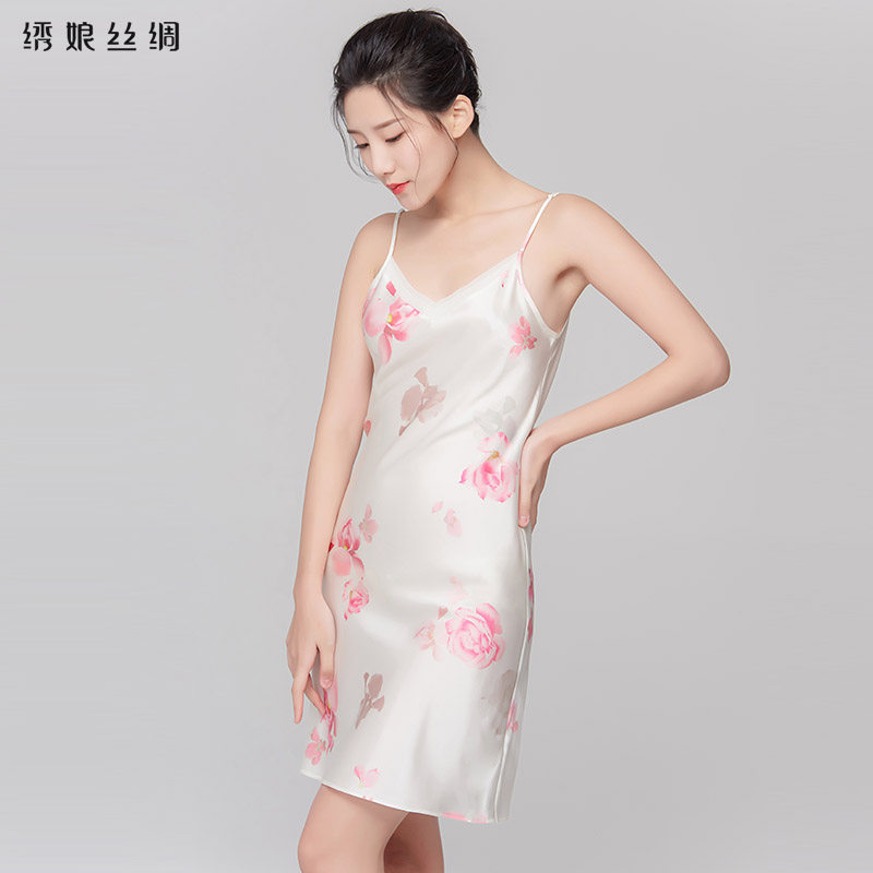 绣娘丝绸桑蚕蚕丝清雅花韵真丝睡衣冬季性感吊带