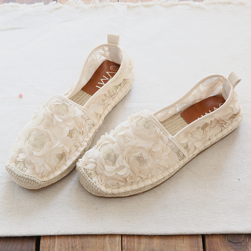 文艺复古花瓣圆头平底鞋春夏手工舒适草编鞋一伸脚渔夫鞋单鞋女鞋