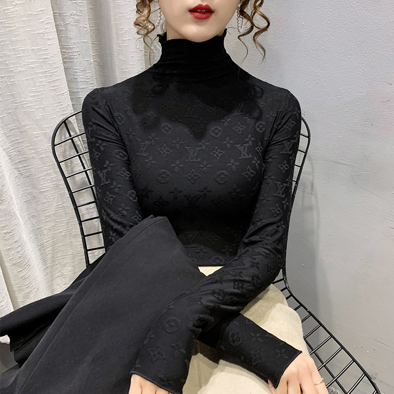 2021年新款秋冬女装堆堆高领雕花t恤打底衫女士洋气上衣内搭百搭