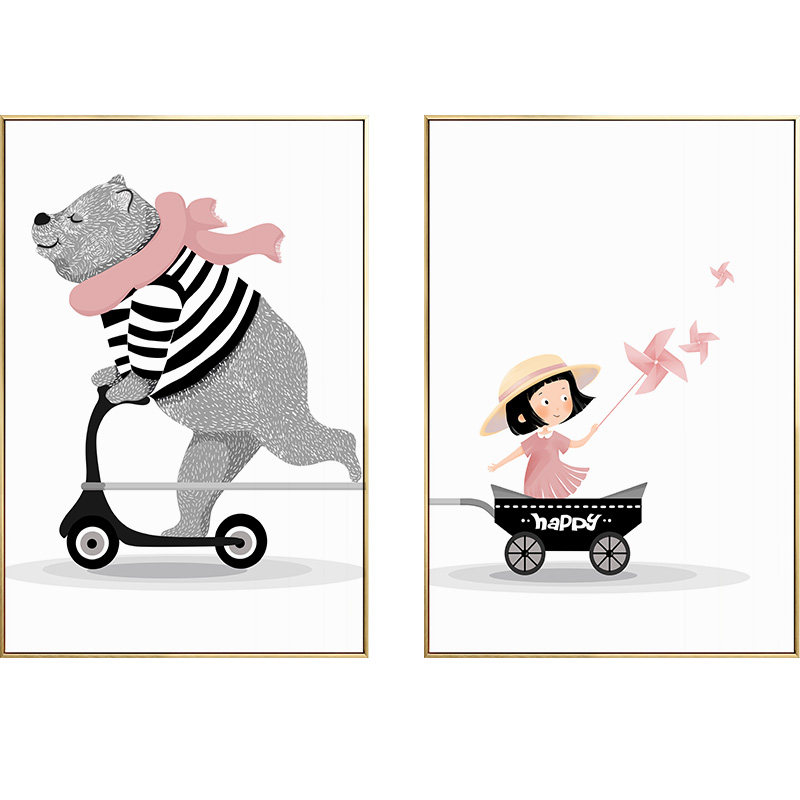 北欧儿童房装饰画简约现代趣味熊小孩子男孩女孩少女卧室房间墙画