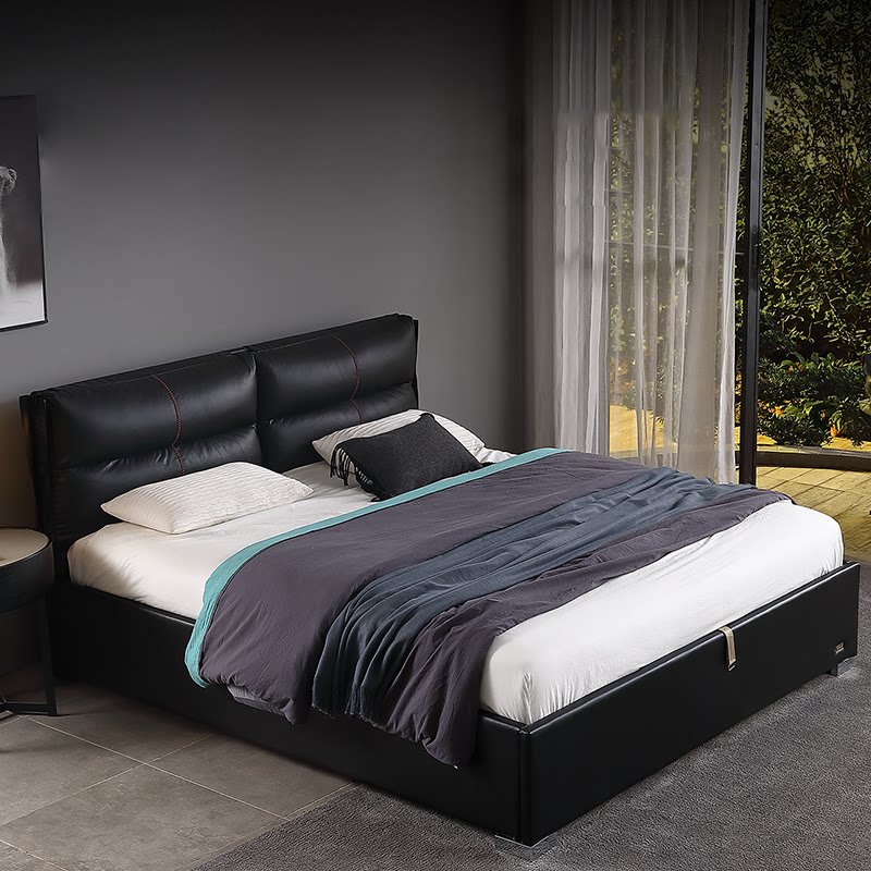 简欧宫庭品牌卡其色真皮床主北欧简约现代18米双人皮艺床