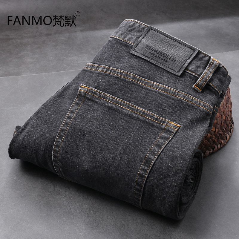 梵默2022夏季新款灰色牛仔裤男洗水弹力直筒商务休闲牛仔裤潮百搭