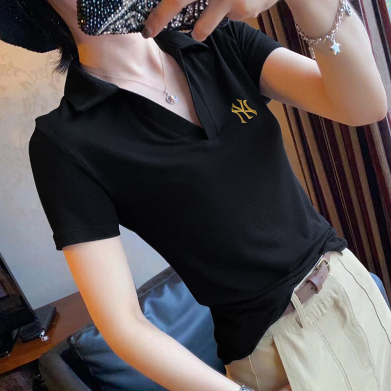 欧洲站百搭黑色翻领半袖t恤2022夏季新款OL风格修身显瘦短袖上衣