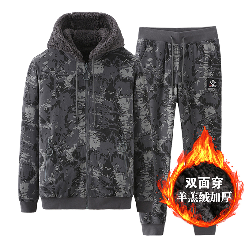 冬季羊羔绒迷彩双面穿加厚休闲运动套装连帽开衫印花加绒卫衣潮男