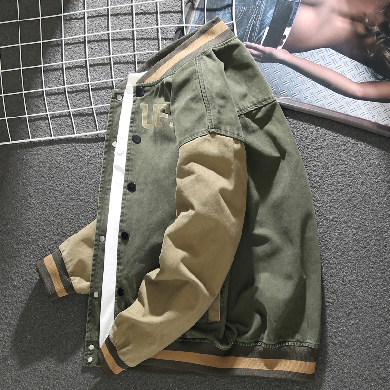 美式字母印花拼色棒球服外套男秋冬季宽松拼接户外飞行夹克上衣