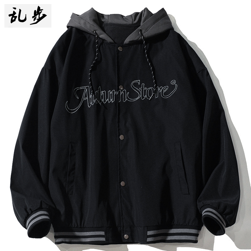 春季美式街头字母刺绣棒球服外套男女潮流百搭个性假两件连帽夹克