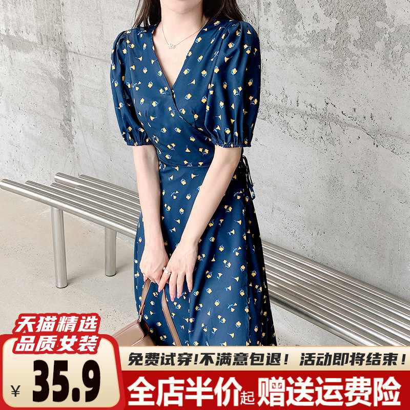 2022年新款法式春夏收腰仙女薄款长裙泡泡袖碎花连衣裙子女装夏季