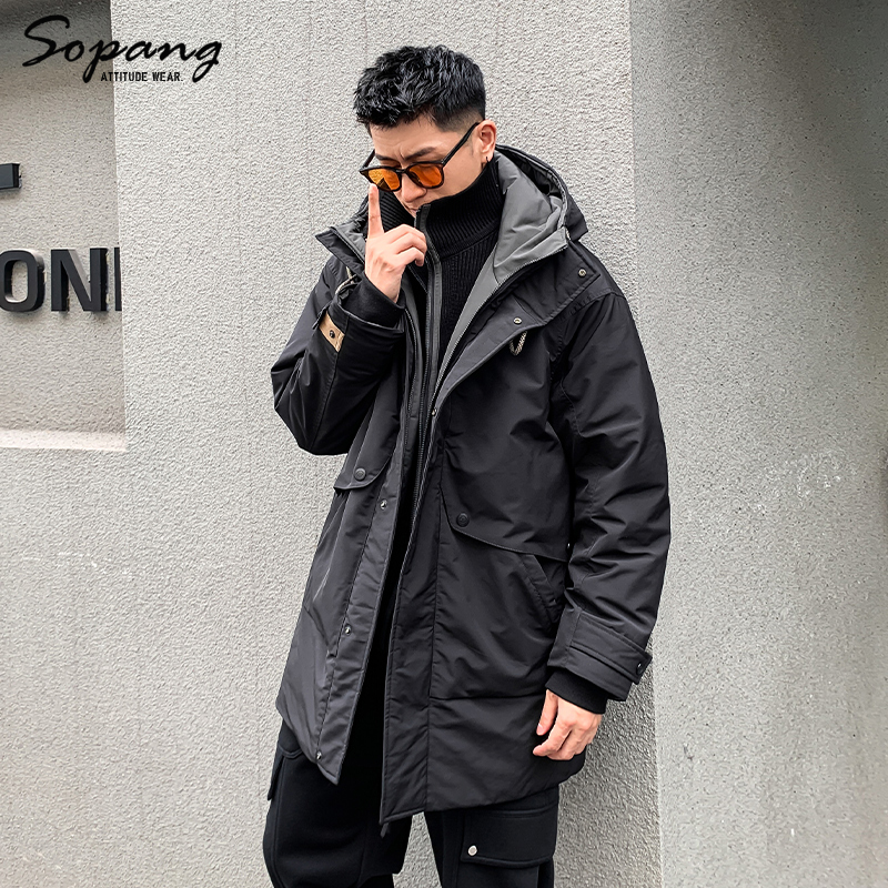 专柜正品羽绒服男连帽假两件中长款休闲时尚百搭纯色痞帅美式外套