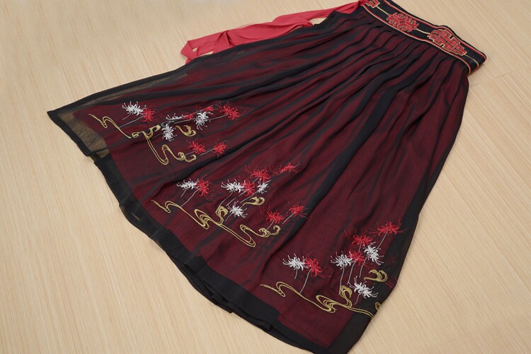 现货彼岸花曼珠沙华绣花齐腰一片片式双层雪纺百搭民族服装