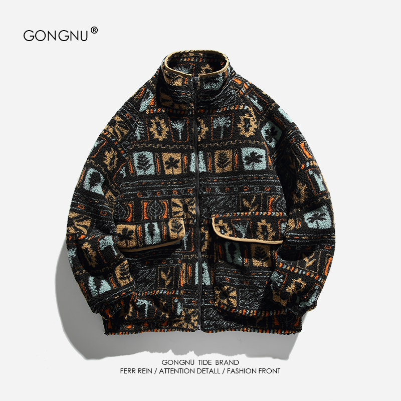 国潮个性民族风嘻哈毛茸茸保暖棉衣男冬季潮牌立领棉服外套情侣装