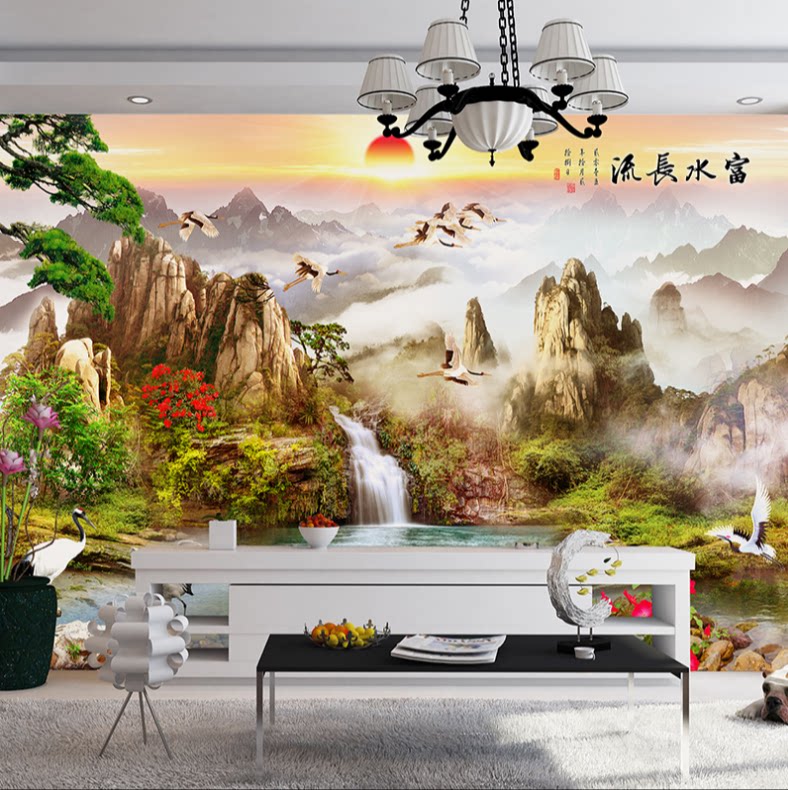 迎门背景墙瓷砖庭院福字3d中式客厅室外照壁山水画户外微晶石墙砖