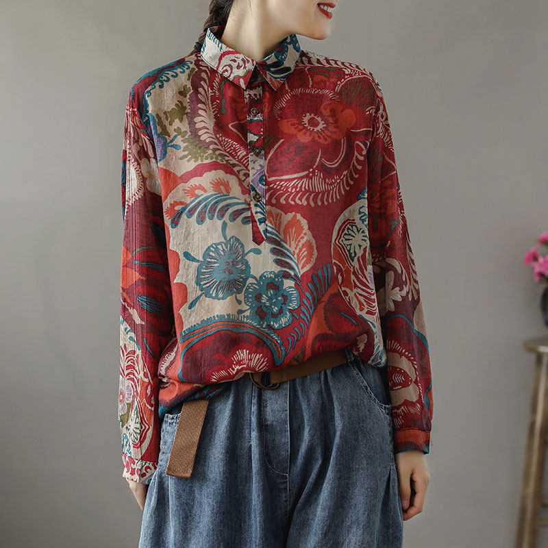棉麻民族风印花麻丝衬衫2022春装新款复古文艺衬衫