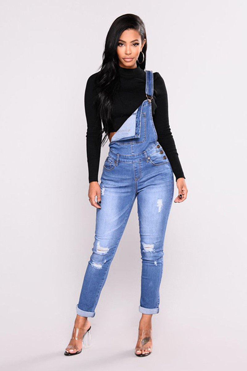 fashion women braces ripped jeans jumpsuit women pants背带裤