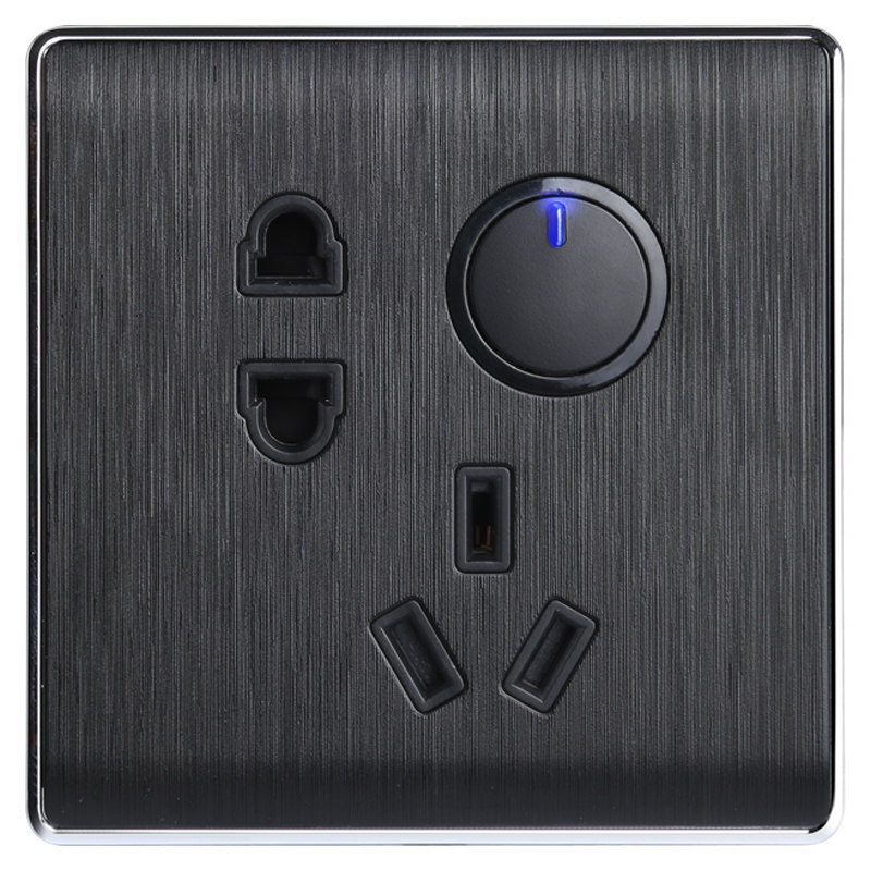 点开关插座面板家用 86型带led指示灯一开关五孔插座套餐暗装黑色