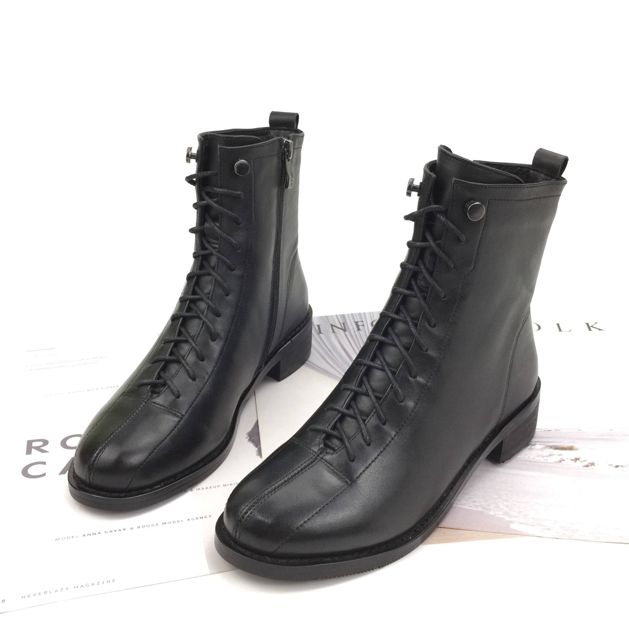 冰洁女鞋2020秋冬新款真皮女靴低跟粗跟圆休闲时装靴