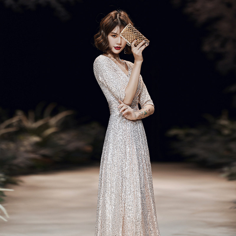 高级质感气场女王气质深v领长款主持人宴会香槟色亮片晚礼服长裙