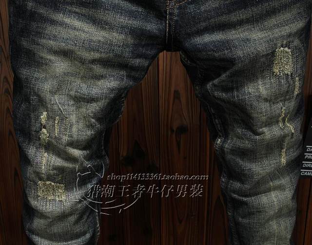 Autumn and winter retro men's jeans slim small straight hole patch personality trend stretch youth small feet pants Autumn and winter retro men's jeans slim small straight hole patch personality trend stretch youth small feet pants