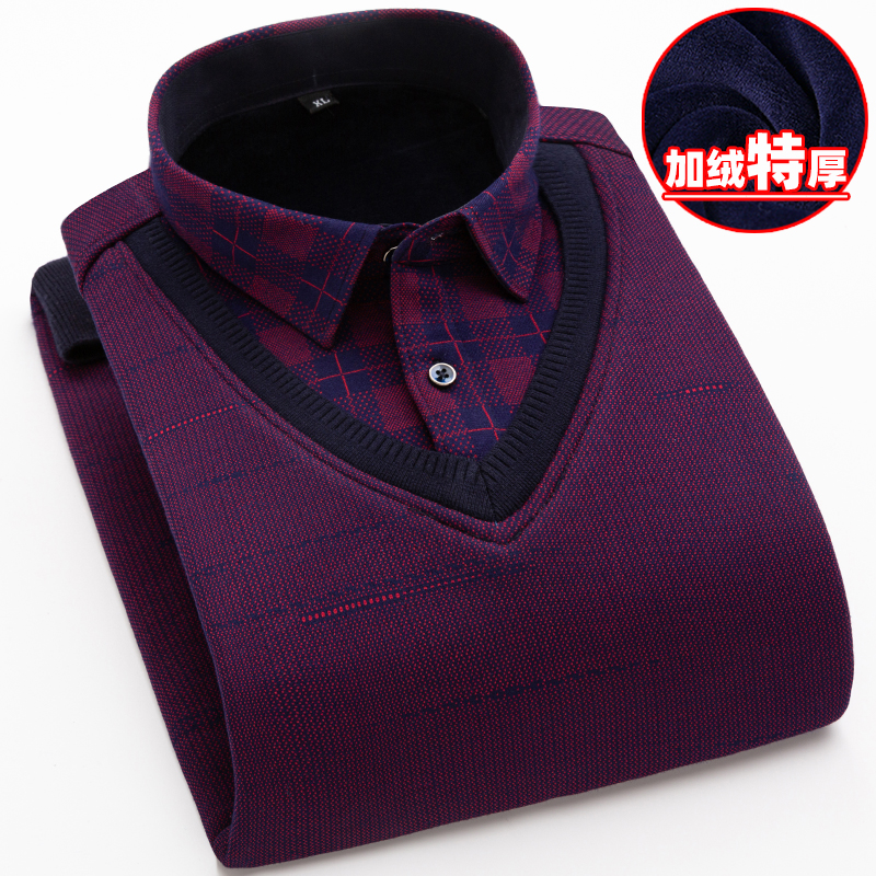 保罗冬季假两件加厚绒保暖衬衫男长袖中年爸爸装宽松休闲大码衬衣