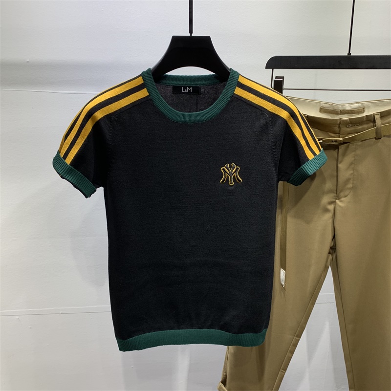 男士字母条纹短袖毛衣秋冬社会紧身潮牌半袖青年刺绣针织衫帅气潮