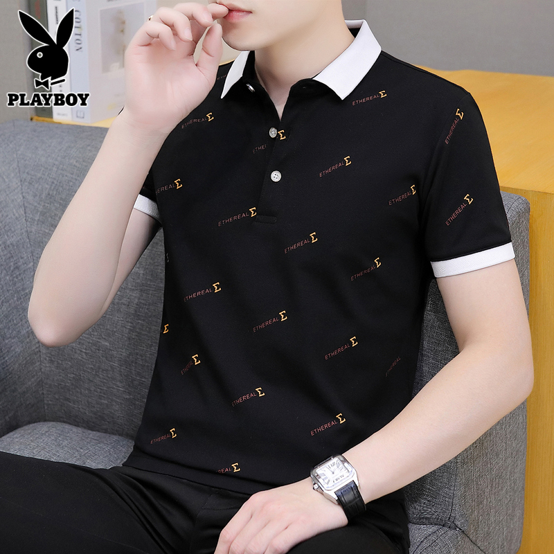花花公子短袖t恤男士翻领polo衫春夏季宽松潮流百搭体恤上衣服男