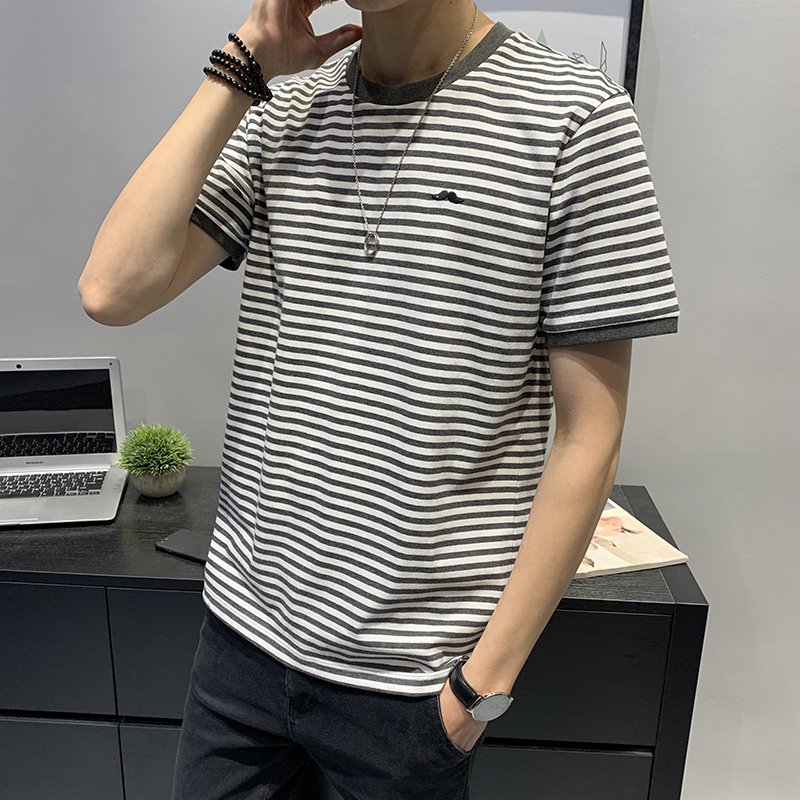短袖t恤男士夏季韩版潮流条纹上衣棉质男生衣服潮牌2022新款男装z