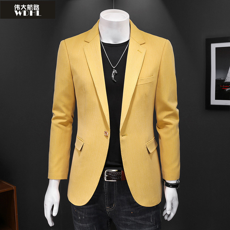 2022春秋季男士黄色小西装加肥加大码休闲单西外套潮流帅气西服潮