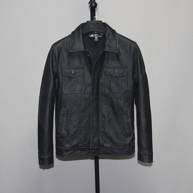 库存处理头层牛皮真皮皮衣男修身短款翻领夹克外套工装砂洗做旧