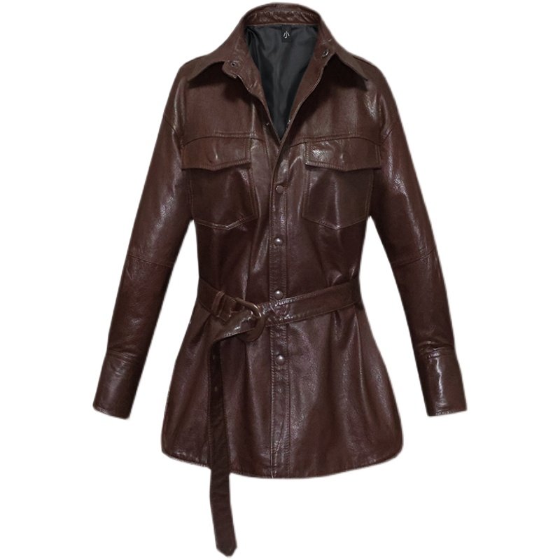 柔嫩重洗植鞣山羊真皮皮衣修身中长休闲焦糖皮衣