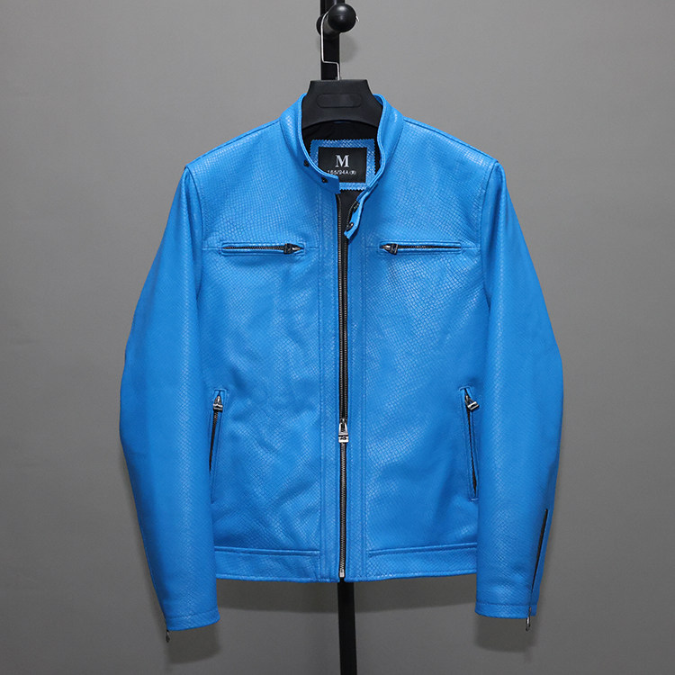 立体立领外套蓝色口袋多口皮夹克修身蛇皮皮衣皮衣