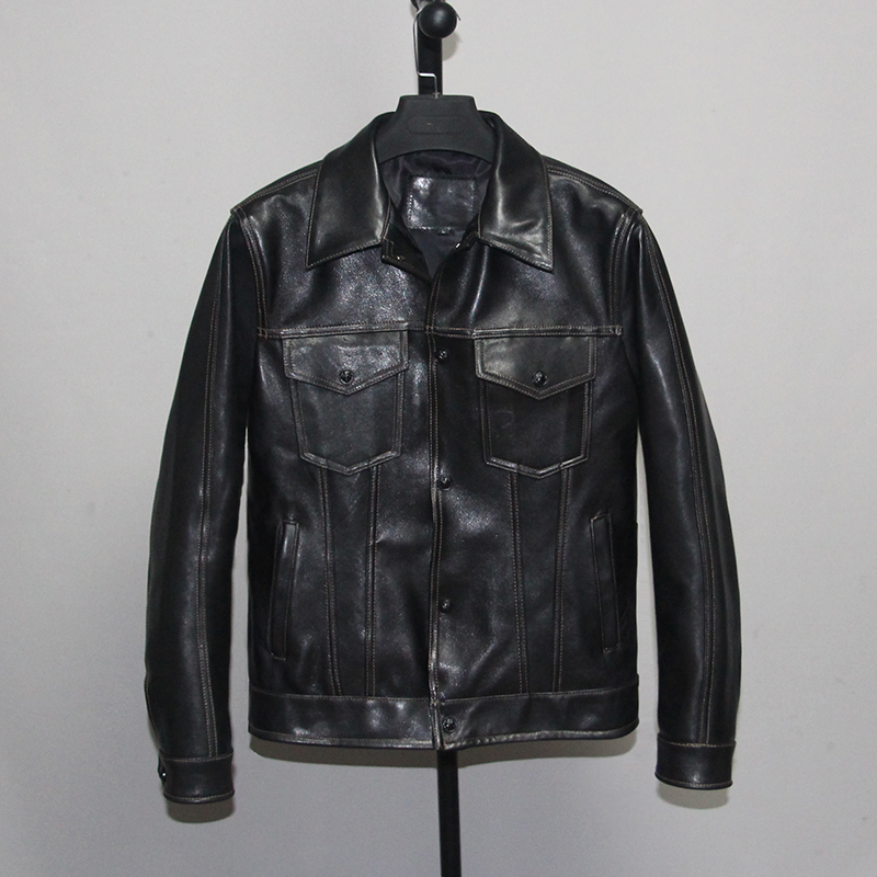 冬植鞣绵羊真皮皮衣男修身短款翻领休闲牛仔外套明线男装多口袋尤