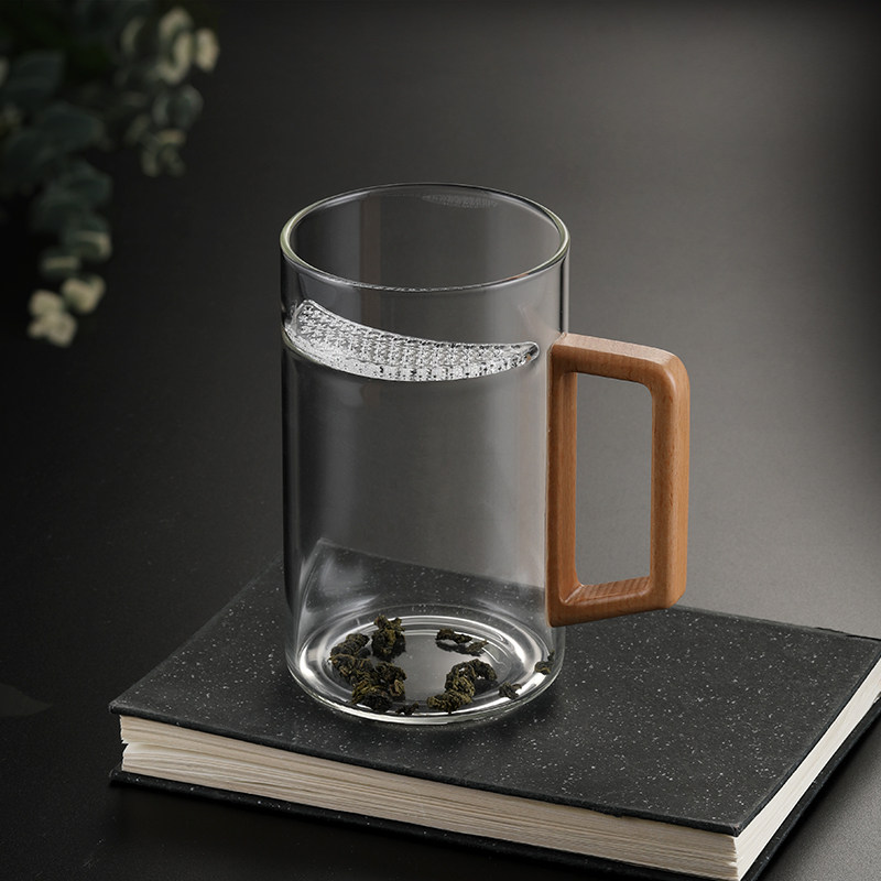 玻璃杯月牙过滤茶杯手柄家用男士绿茶杯子带滤茶杯