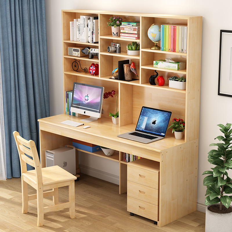实木书桌书架组合家用带书柜一体电脑桌台式学生写字桌儿童学习桌