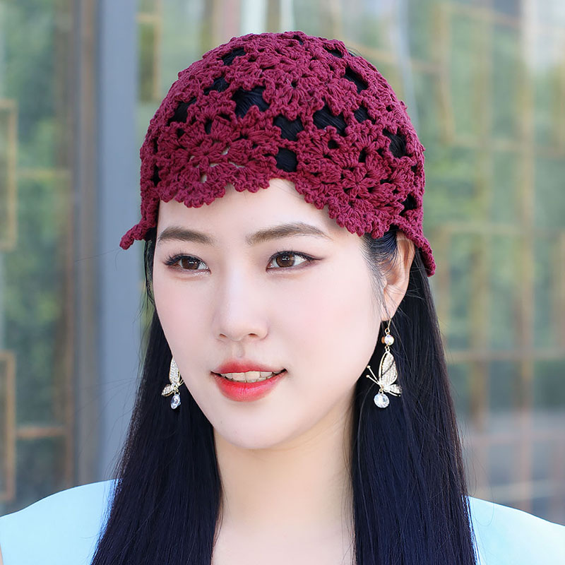 手工钩花棉线花朵网眼包头帽遮白发装饰女士帽子
