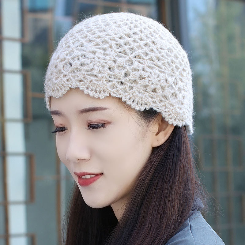 帽子女秋冬双层手工针织钩花毛线包头帽甜美头巾帽遮