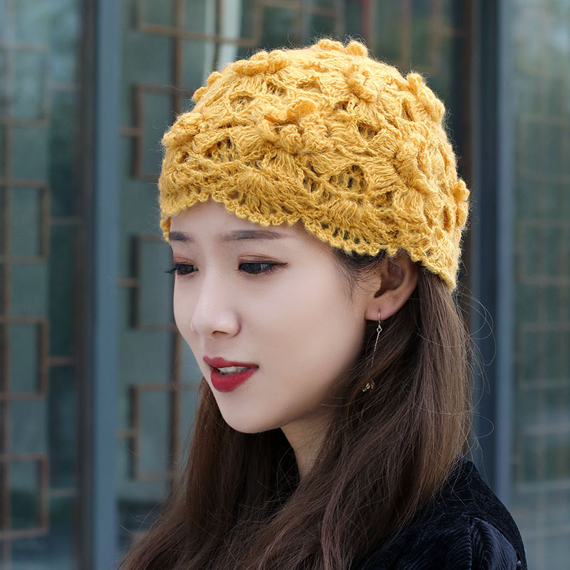 帽子子女秋冬双层手工针织钩花毛线包头甜美帽子