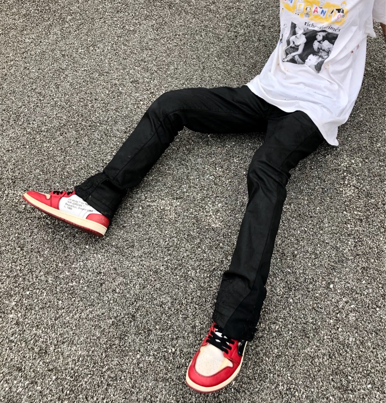 「Rabbit.b」现货SOMNUS水洗拼接破坏做旧蜡面微喇叭裤牛仔裤长裤