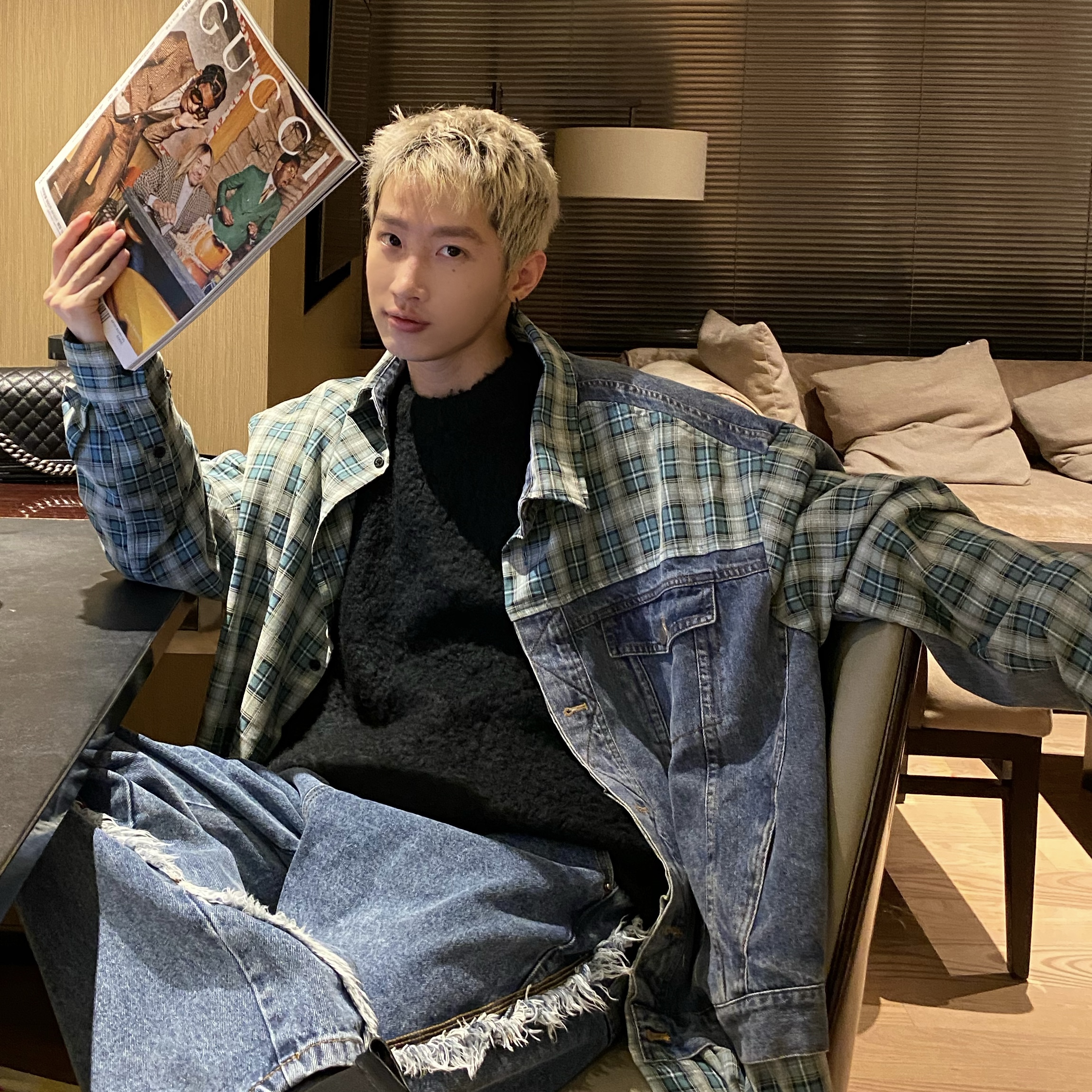 「Rabbit.b」现货 Lumos蓝白牛仔拼接格子衬衫重工洗水百搭宽松