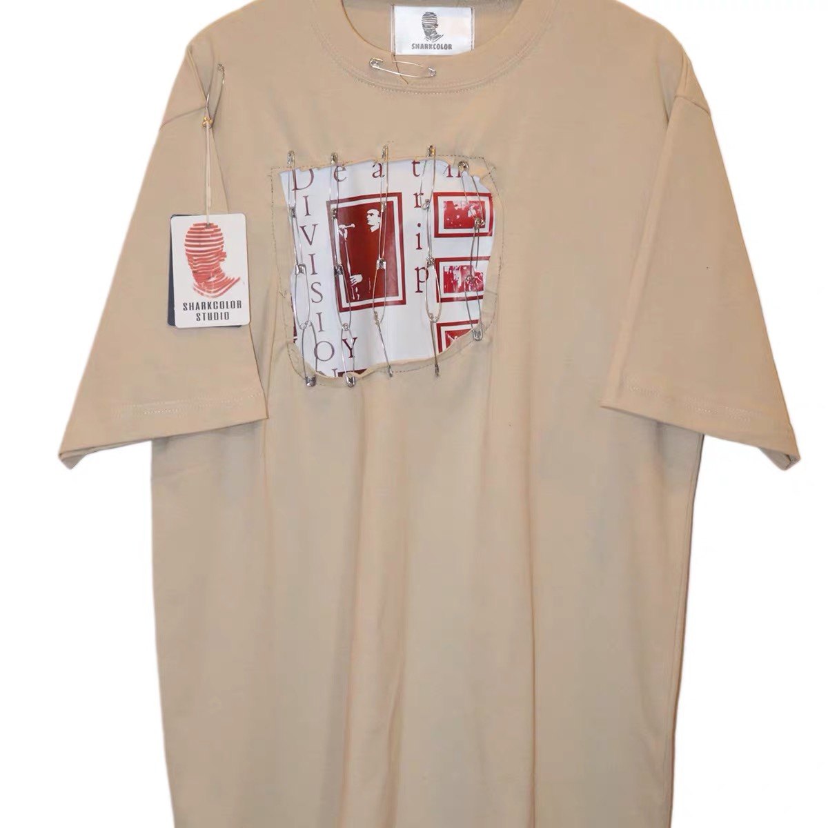 rabbitb手工定制remake解构别针烫画扭曲皱褶设计t恤