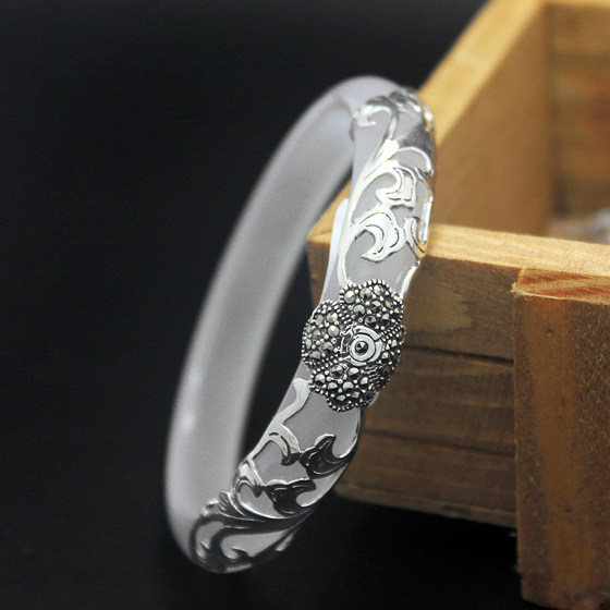 白玉新款宝石镶嵌髓泰纯银银玉手镯玉石贵妃手镯