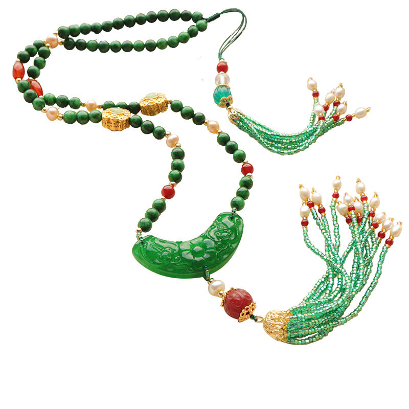 甄源原创设计干青多宝珍珠玛瑙玉石流苏复古项链