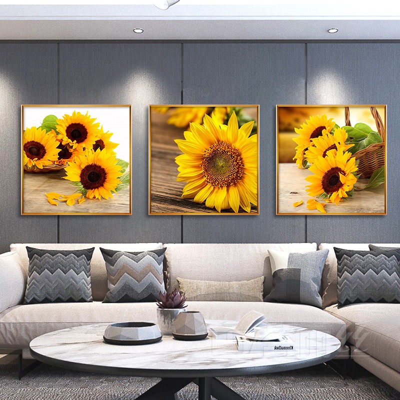 向日葵钻石绣三联画客厅简约现代花卉钻石画十字绣新款餐厅钻石秀
