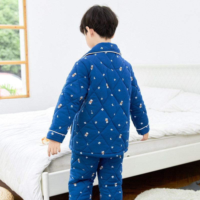 儿童睡衣冬季加厚款男孩中大童纯棉三层夹棉秋冬款保暖男童家居服
