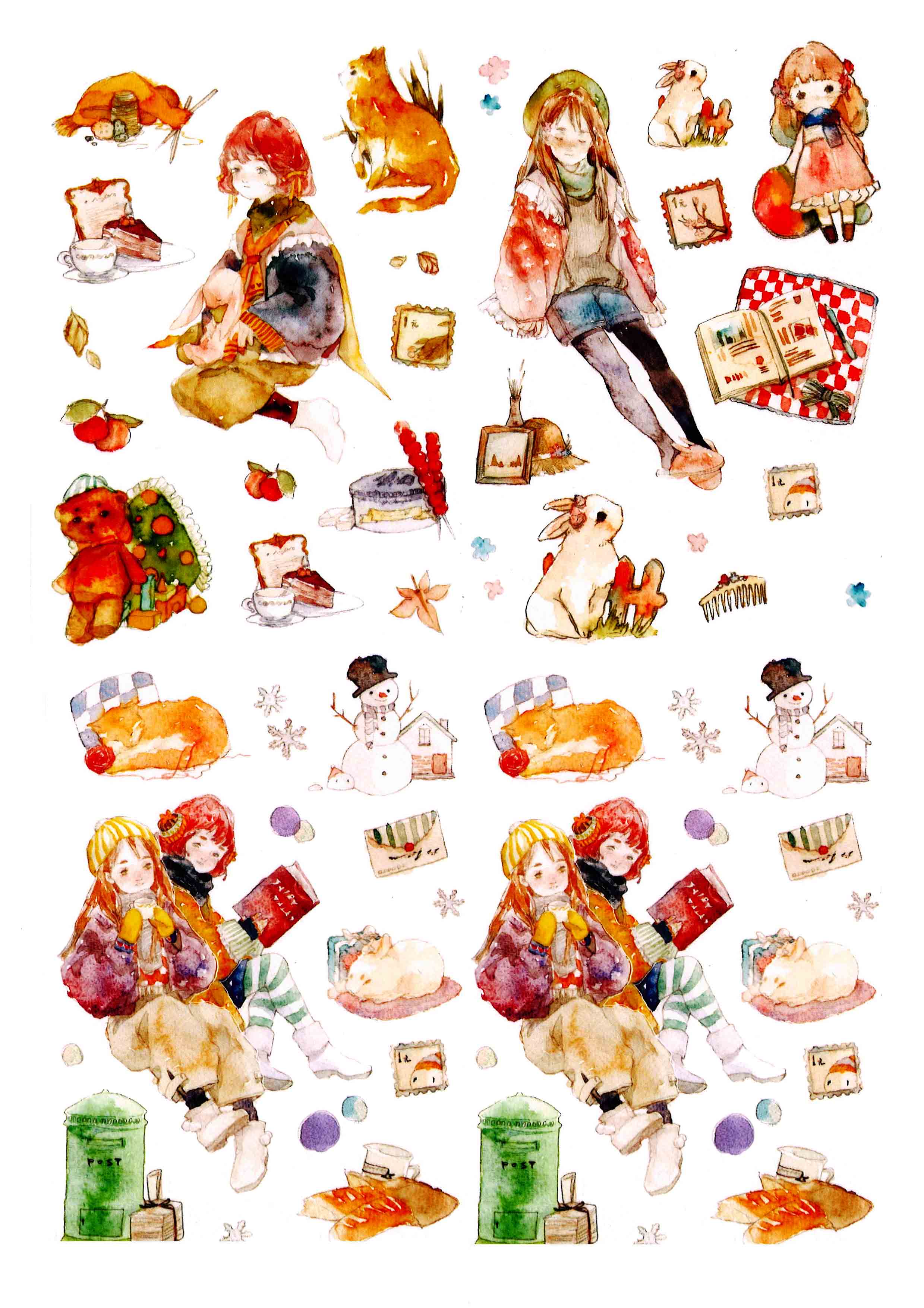 人物手帐不干胶背景男女唯美卡通人卡通a4打印贴纸