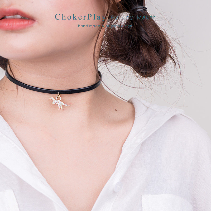 黑色皮质金色恐龙吊坠choker项圈百搭个性脖子饰品锁骨链 - choker
