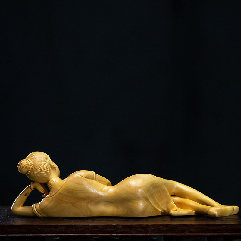 黄杨木雕美女实木人物雕刻工艺品卧美人现代中式木雕
