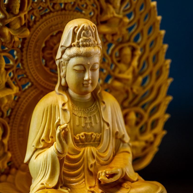 木雕佛像黄杨木雕人物实木雕刻莲花台屏风观音菩萨供奉佛家居摆件